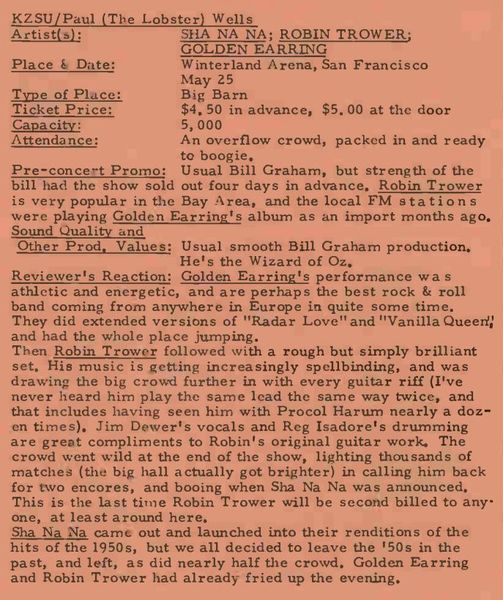 Golden Earring San Francisco  Winterland Arena review in Walrus Magazine 1974-07-10